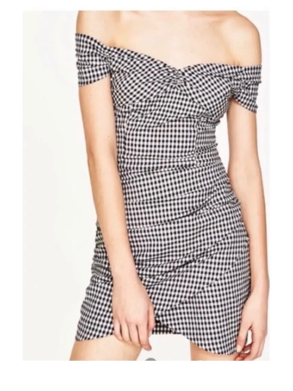 Zara Basic Black & White Gingham Mini Off Shoulder Cocktail Dress